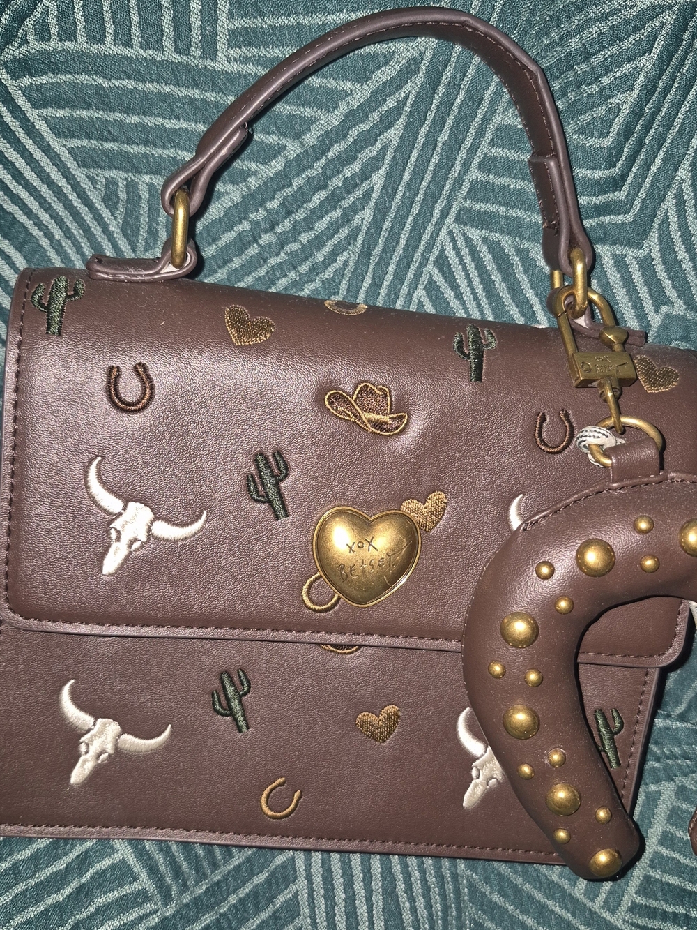 XOXO Brown Western Embroidered Top-Handle Satchel with Stud Crescent Charm